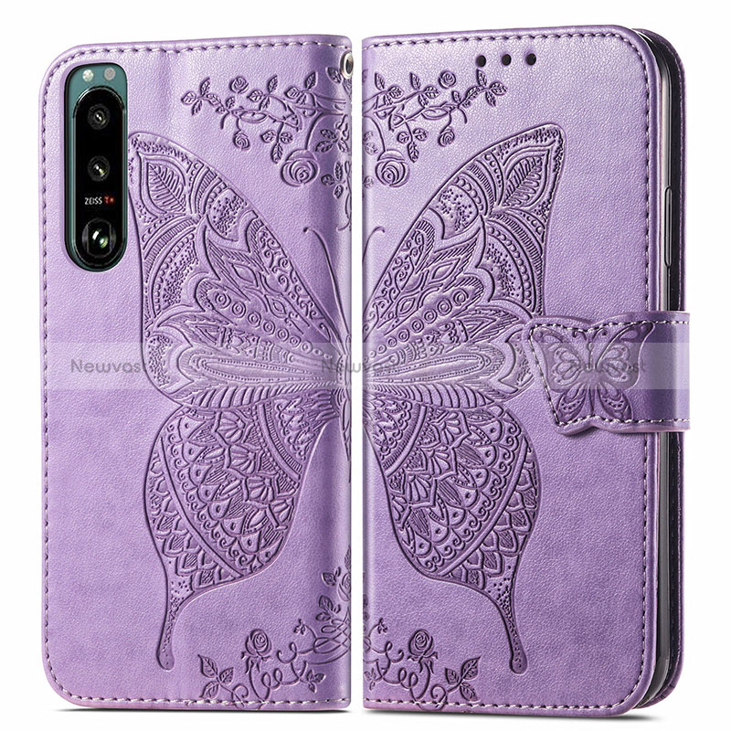 Leather Case Stands Butterfly Flip Cover Holder for Sony Xperia 5 III SO-53B Clove Purple