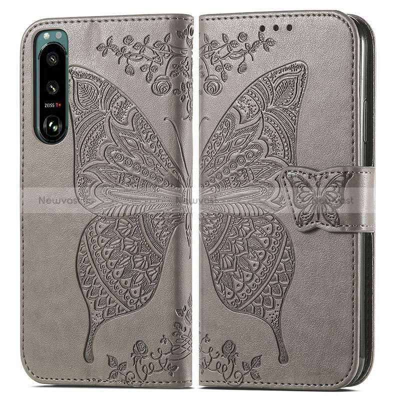 Leather Case Stands Butterfly Flip Cover Holder for Sony Xperia 5 III SO-53B Gray