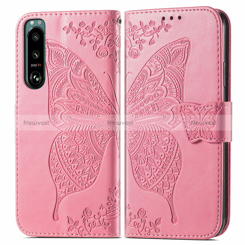 Leather Case Stands Butterfly Flip Cover Holder for Sony Xperia 5 III SO-53B Hot Pink