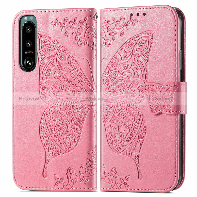 Leather Case Stands Butterfly Flip Cover Holder for Sony Xperia 5 IV Hot Pink