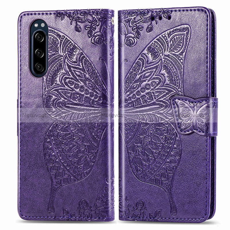 Leather Case Stands Butterfly Flip Cover Holder for Sony Xperia 5 Purple