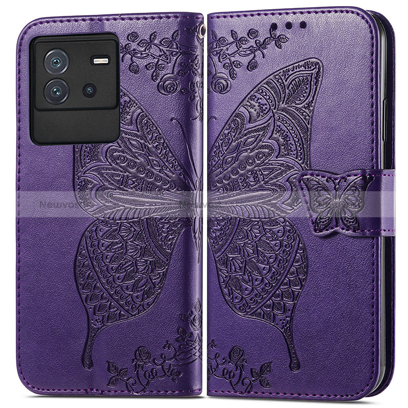 Leather Case Stands Butterfly Flip Cover Holder for Vivo iQOO Neo6 5G Purple