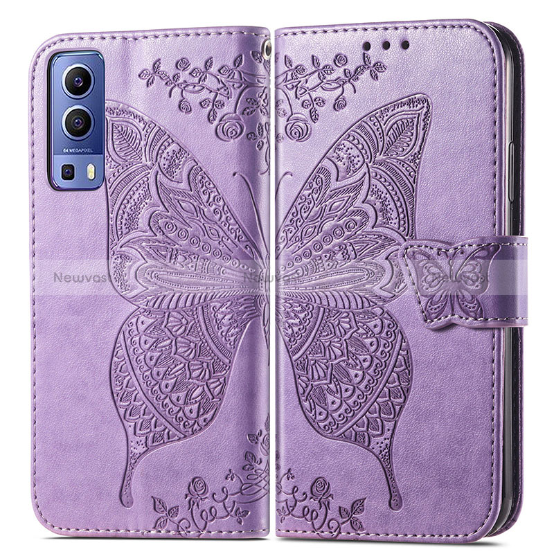 Leather Case Stands Butterfly Flip Cover Holder for Vivo iQOO Z3 5G Clove Purple