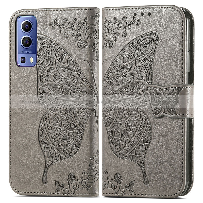 Leather Case Stands Butterfly Flip Cover Holder for Vivo iQOO Z3 5G Gray