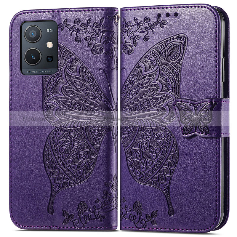 Leather Case Stands Butterfly Flip Cover Holder for Vivo iQOO Z6 5G Purple