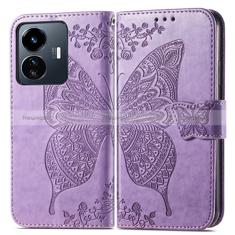 Leather Case Stands Butterfly Flip Cover Holder for Vivo iQOO Z6 Lite 5G Clove Purple