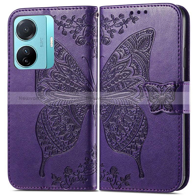 Leather Case Stands Butterfly Flip Cover Holder for Vivo iQOO Z6 Pro 5G Purple