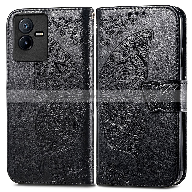 Leather Case Stands Butterfly Flip Cover Holder for Vivo iQOO Z6x Black
