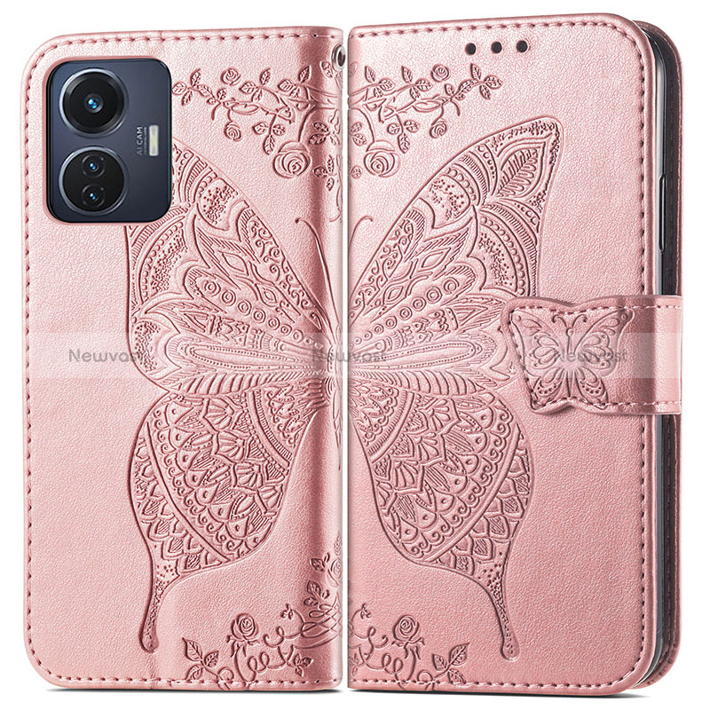 Leather Case Stands Butterfly Flip Cover Holder for Vivo T1 4G Pink