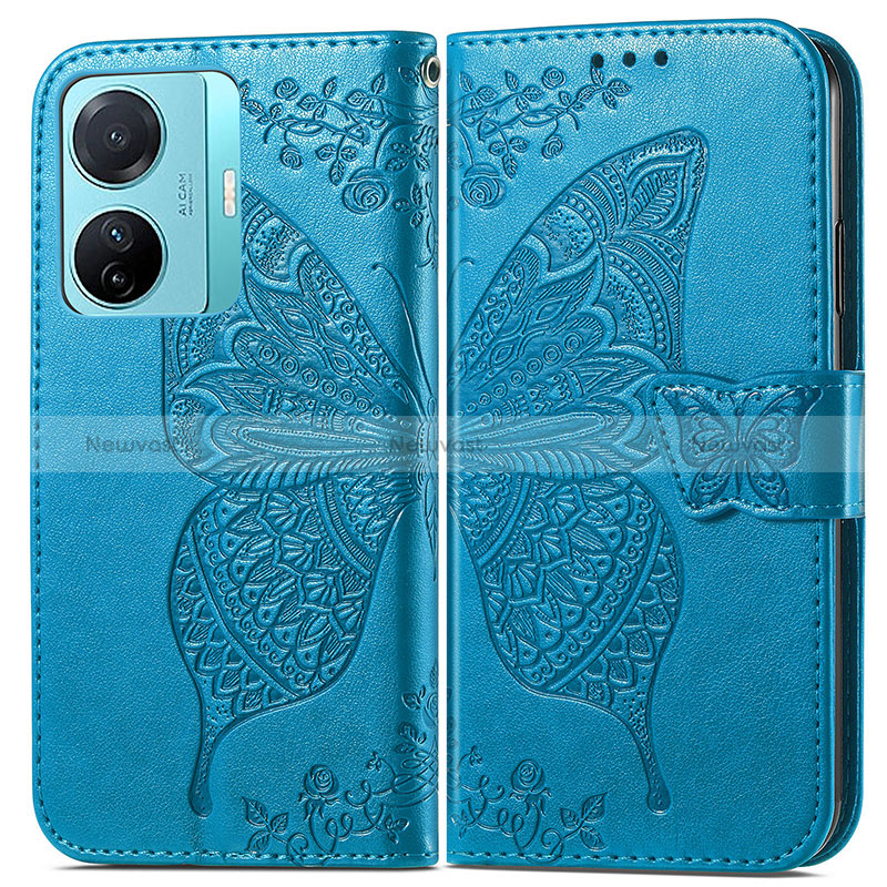 Leather Case Stands Butterfly Flip Cover Holder for Vivo T1 Pro 5G Blue