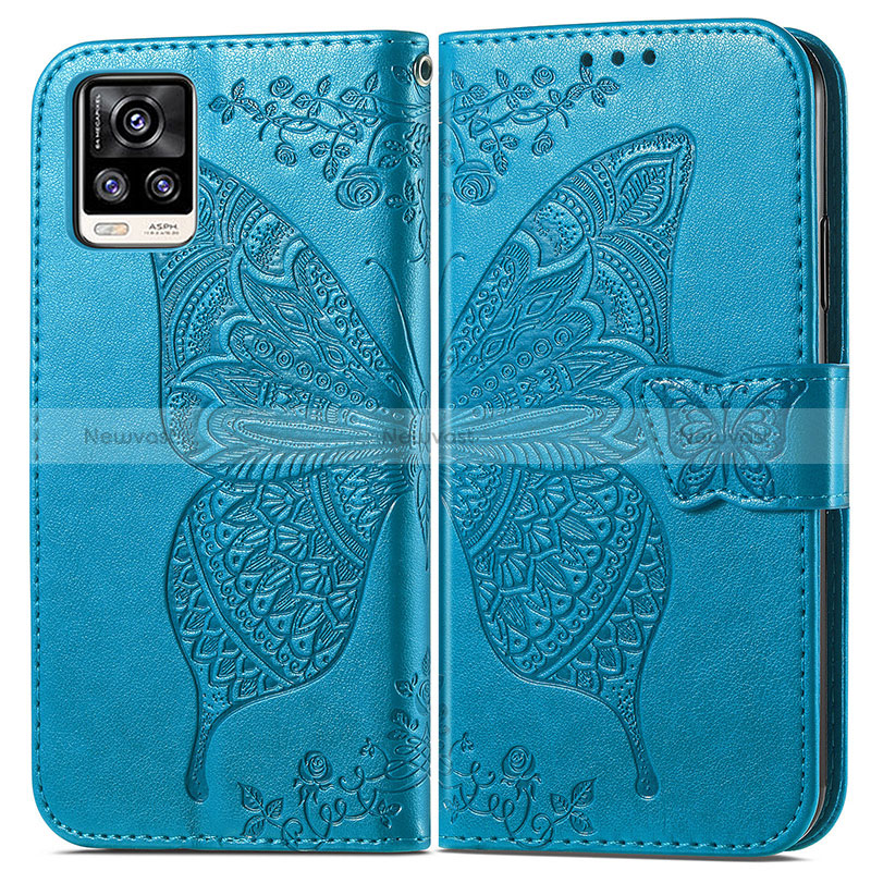 Leather Case Stands Butterfly Flip Cover Holder for Vivo V20 (2021) Blue