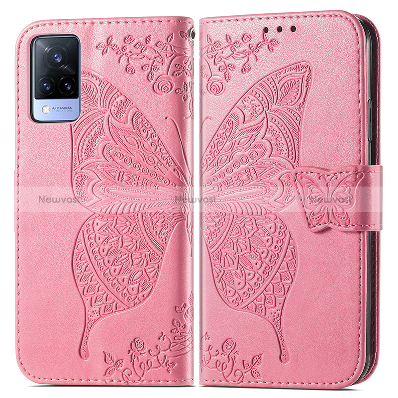 Leather Case Stands Butterfly Flip Cover Holder for Vivo V21 5G Hot Pink