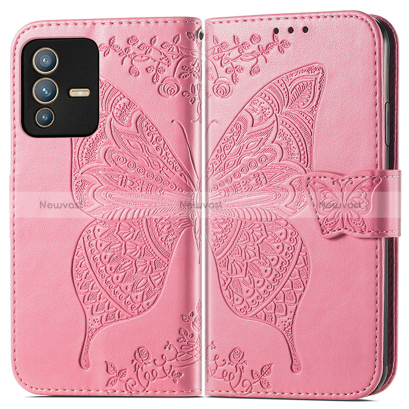 Leather Case Stands Butterfly Flip Cover Holder for Vivo V23 5G Hot Pink