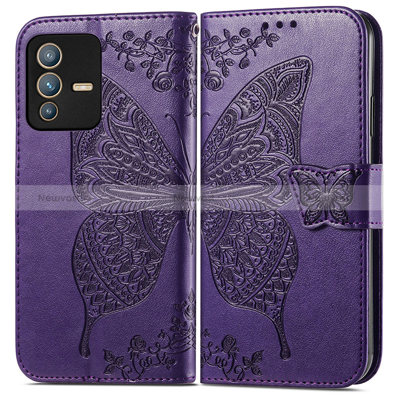 Leather Case Stands Butterfly Flip Cover Holder for Vivo V23 5G Purple