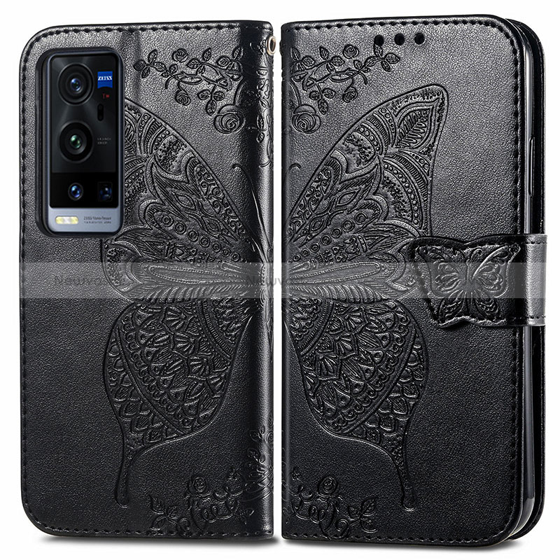 Leather Case Stands Butterfly Flip Cover Holder for Vivo X60 Pro+ Plus 5G Black