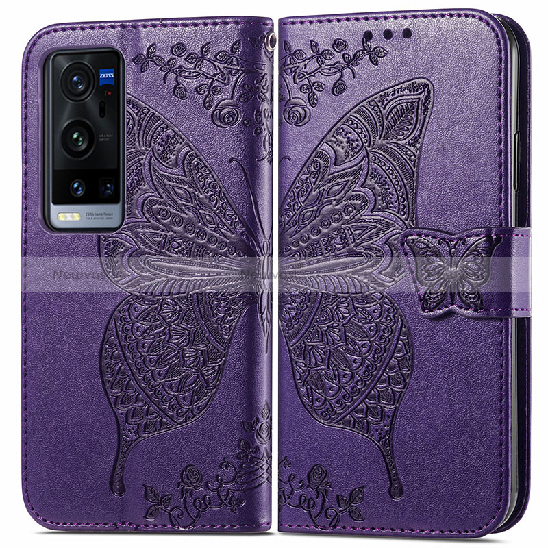 Leather Case Stands Butterfly Flip Cover Holder for Vivo X60 Pro+ Plus 5G Purple