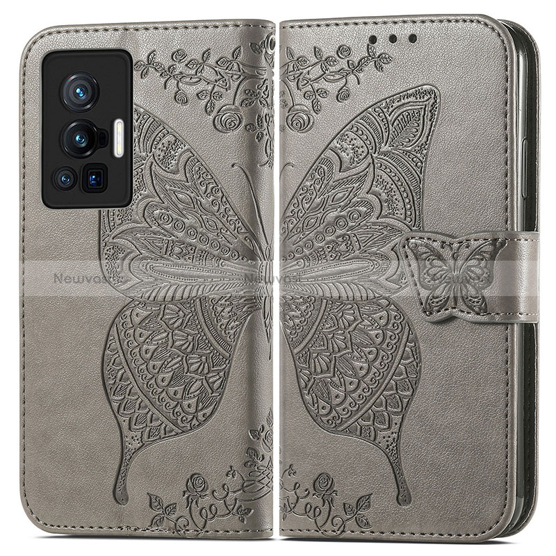 Leather Case Stands Butterfly Flip Cover Holder for Vivo X70 Pro 5G Gray