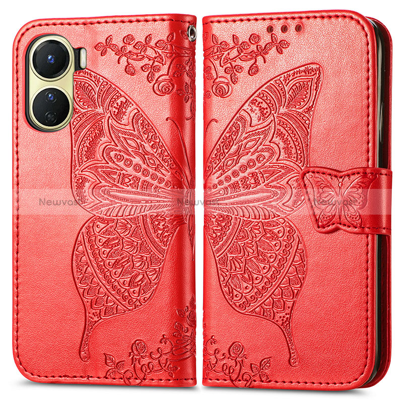 Leather Case Stands Butterfly Flip Cover Holder for Vivo Y02S Red