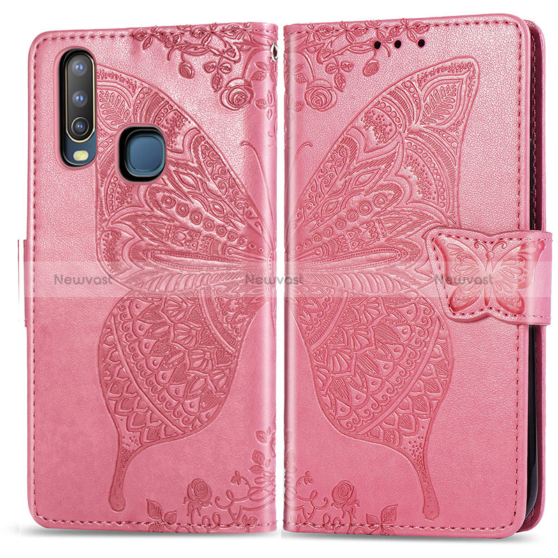 Leather Case Stands Butterfly Flip Cover Holder for Vivo Y11 Hot Pink