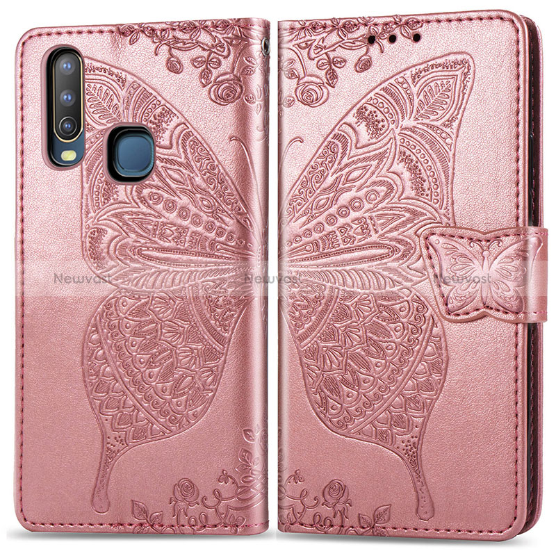 Leather Case Stands Butterfly Flip Cover Holder for Vivo Y11 Pink