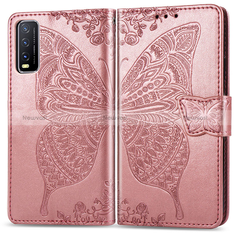 Leather Case Stands Butterfly Flip Cover Holder for Vivo Y12G Pink