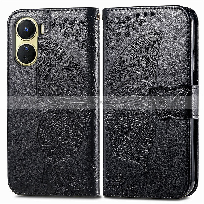 Leather Case Stands Butterfly Flip Cover Holder for Vivo Y16 Black