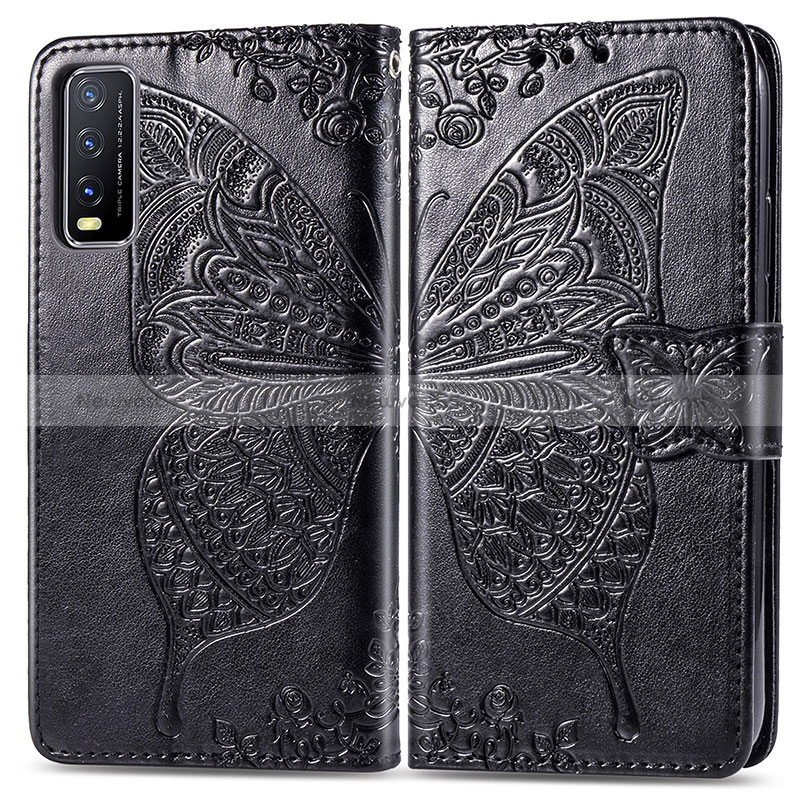 Leather Case Stands Butterfly Flip Cover Holder for Vivo Y20 (2021) Black