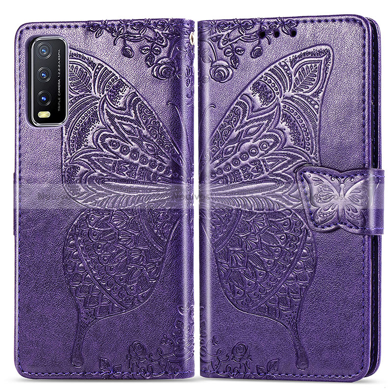 Leather Case Stands Butterfly Flip Cover Holder for Vivo Y20 (2021) Purple