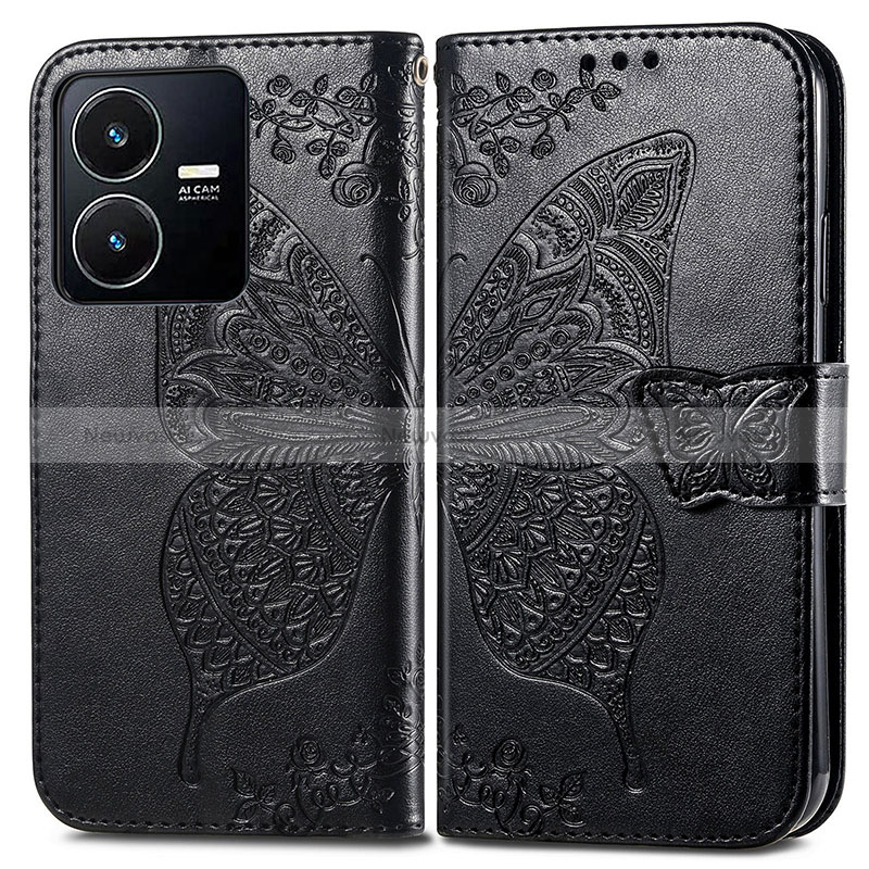 Leather Case Stands Butterfly Flip Cover Holder for Vivo Y22 Black