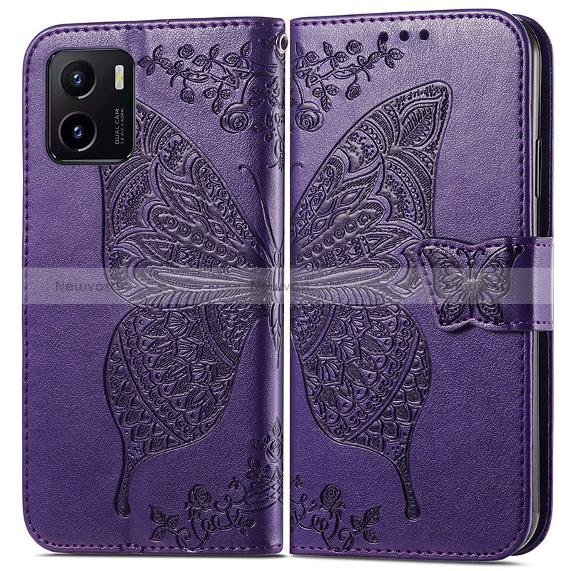 Leather Case Stands Butterfly Flip Cover Holder for Vivo Y32t Purple