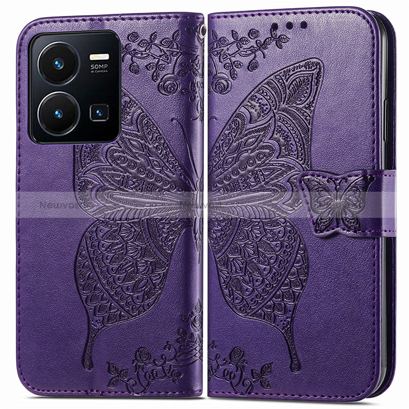 Leather Case Stands Butterfly Flip Cover Holder for Vivo Y35 4G Purple