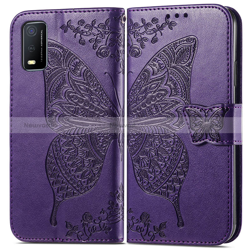 Leather Case Stands Butterfly Flip Cover Holder for Vivo Y3s (2021) Purple