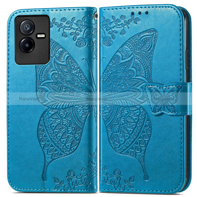 Leather Case Stands Butterfly Flip Cover Holder for Vivo Y73t Blue