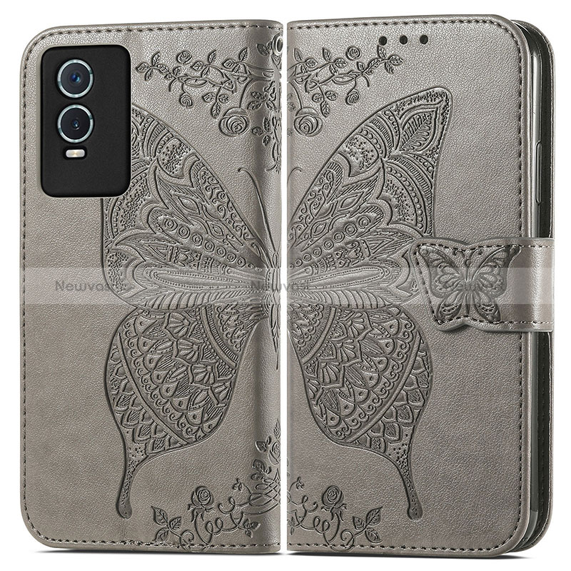 Leather Case Stands Butterfly Flip Cover Holder for Vivo Y74s 5G Gray