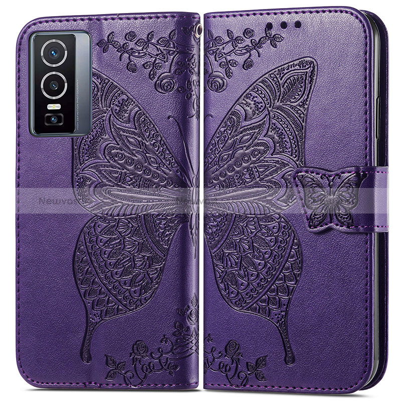 Leather Case Stands Butterfly Flip Cover Holder for Vivo Y76 5G Purple