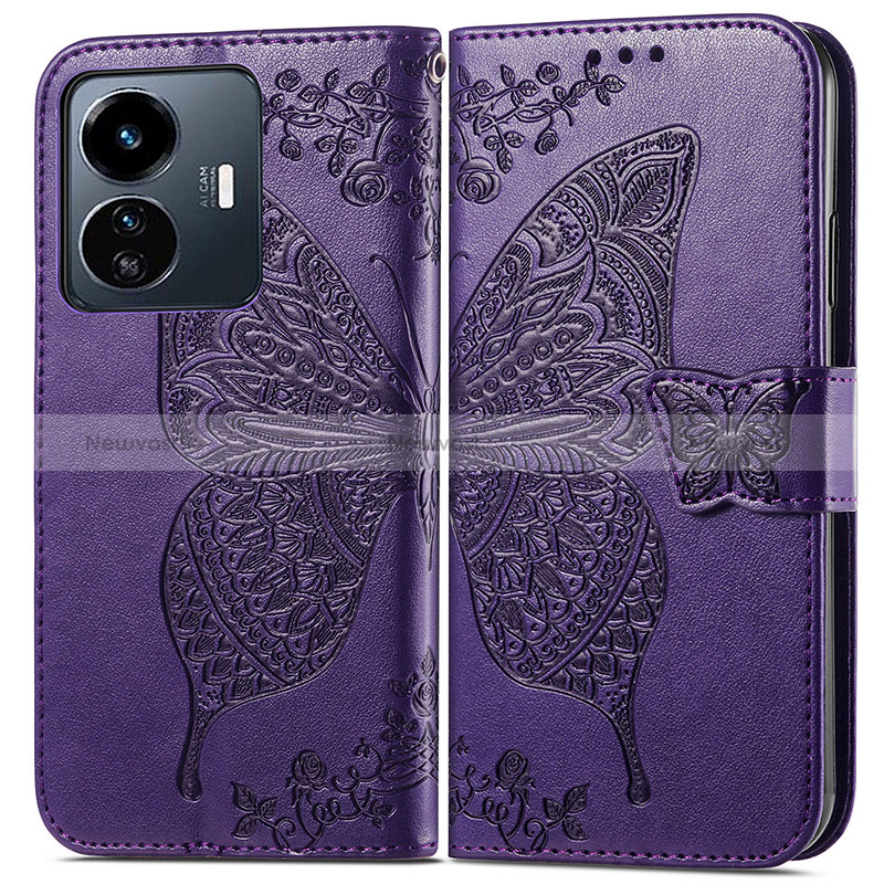 Leather Case Stands Butterfly Flip Cover Holder for Vivo Y77 5G Purple