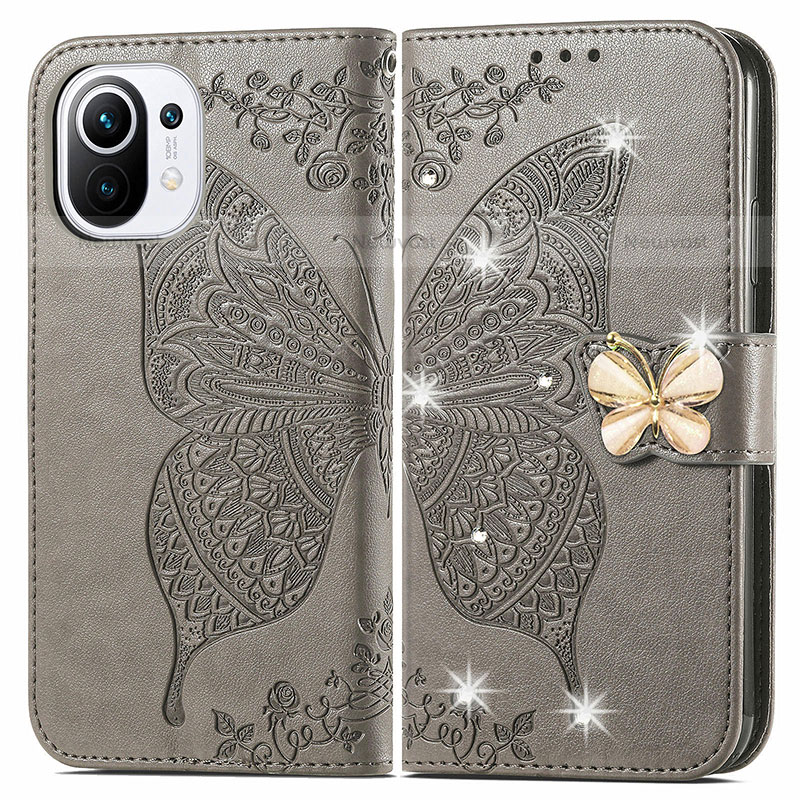 Leather Case Stands Butterfly Flip Cover Holder for Xiaomi Mi 11 Lite 5G NE Gray