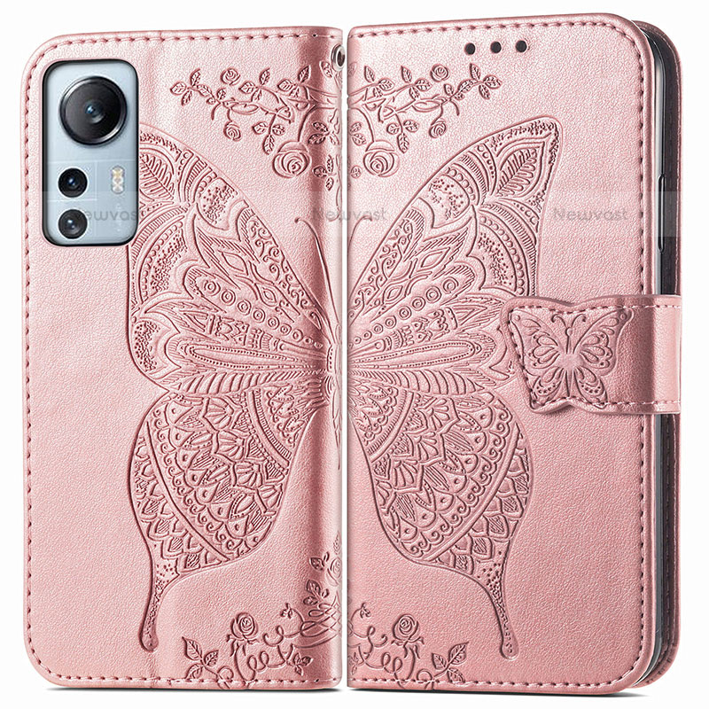 Leather Case Stands Butterfly Flip Cover Holder for Xiaomi Mi 12S 5G Pink