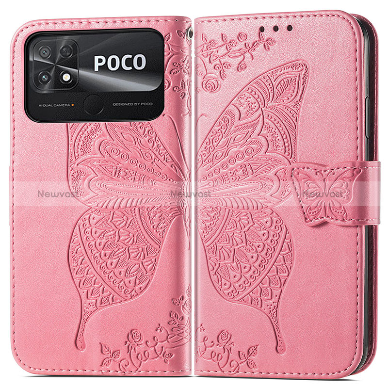 Leather Case Stands Butterfly Flip Cover Holder for Xiaomi Poco C40 Hot Pink