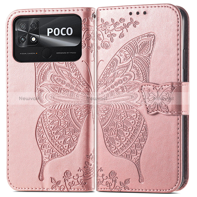 Leather Case Stands Butterfly Flip Cover Holder for Xiaomi Poco C40 Pink