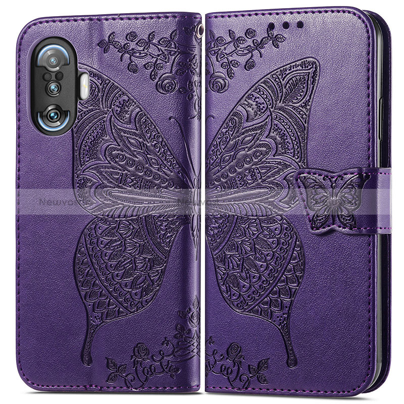 Leather Case Stands Butterfly Flip Cover Holder for Xiaomi Poco F3 GT 5G Purple