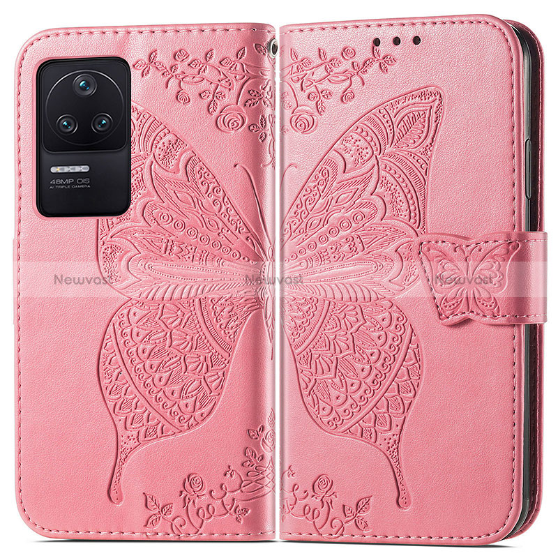 Leather Case Stands Butterfly Flip Cover Holder for Xiaomi Poco F4 5G Hot Pink