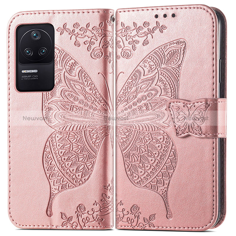 Leather Case Stands Butterfly Flip Cover Holder for Xiaomi Poco F4 5G Pink