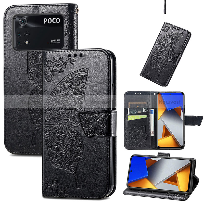 Leather Case Stands Butterfly Flip Cover Holder for Xiaomi Poco M4 Pro 4G