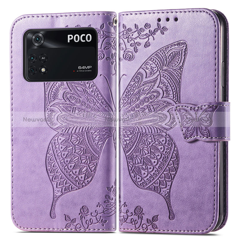 Leather Case Stands Butterfly Flip Cover Holder for Xiaomi Poco M4 Pro 4G Clove Purple