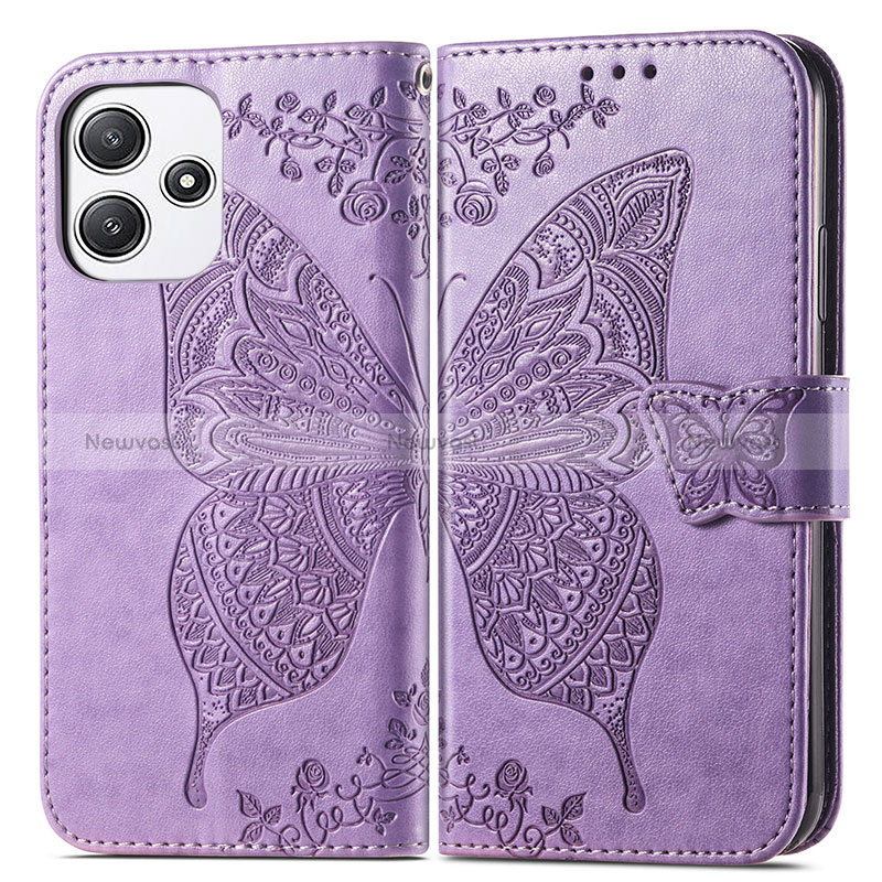 Leather Case Stands Butterfly Flip Cover Holder for Xiaomi Poco M6 Pro 5G Clove Purple