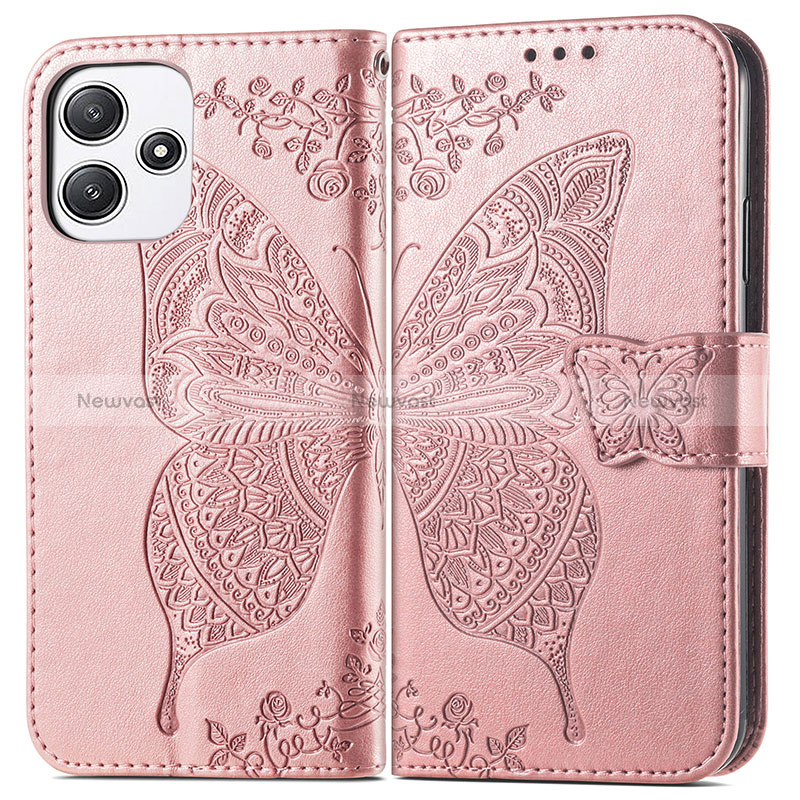 Leather Case Stands Butterfly Flip Cover Holder for Xiaomi Poco M6 Pro 5G Rose Gold