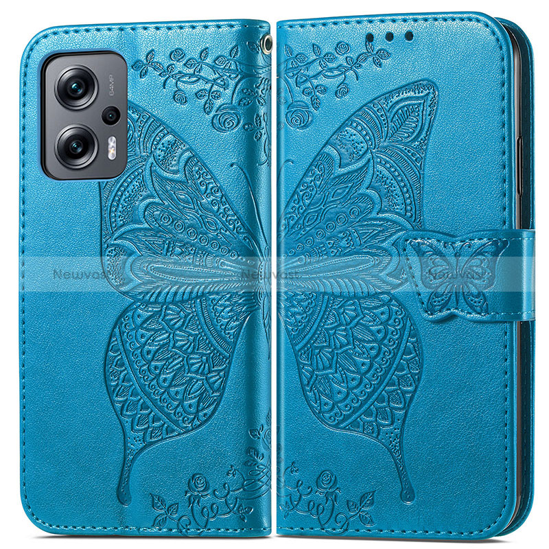 Leather Case Stands Butterfly Flip Cover Holder for Xiaomi Poco X4 GT 5G Blue