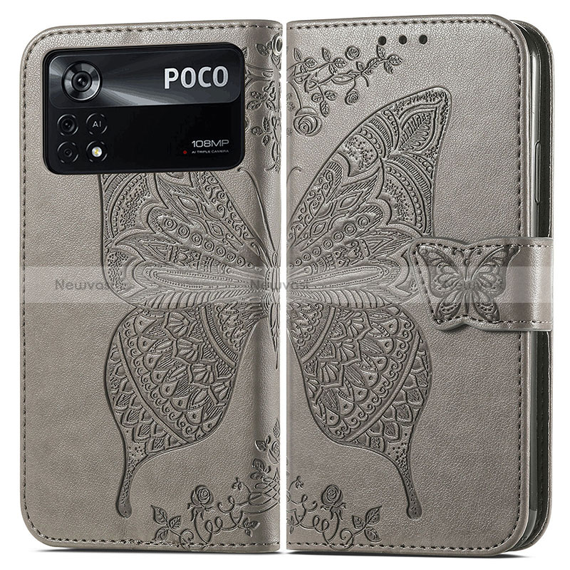 Leather Case Stands Butterfly Flip Cover Holder for Xiaomi Poco X4 Pro 5G Gray