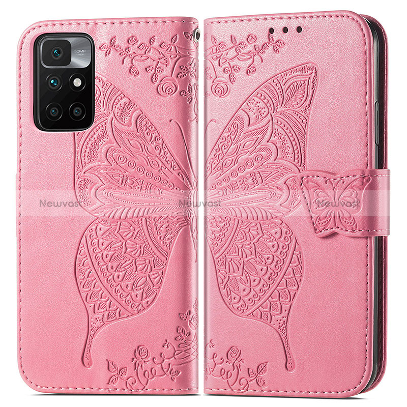 Leather Case Stands Butterfly Flip Cover Holder for Xiaomi Redmi 10 (2022) Hot Pink